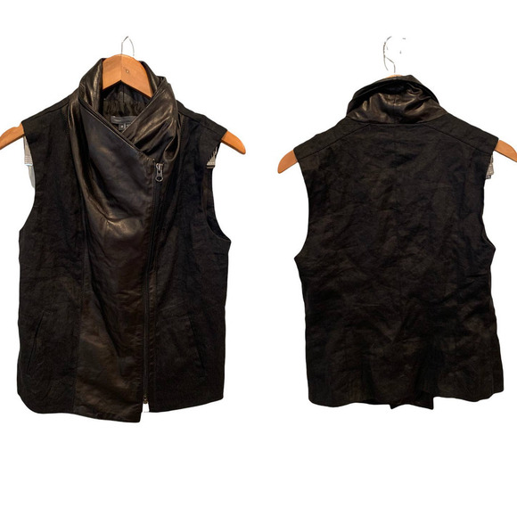 VINCE Asymmetric Leather Linen-Blend Vest (M) - Picture 3 of 9